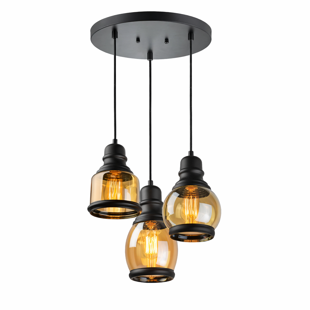 Industrial 3-Light Amber Glass Pendant Ceiling Light (Model: HL 123 3LP)