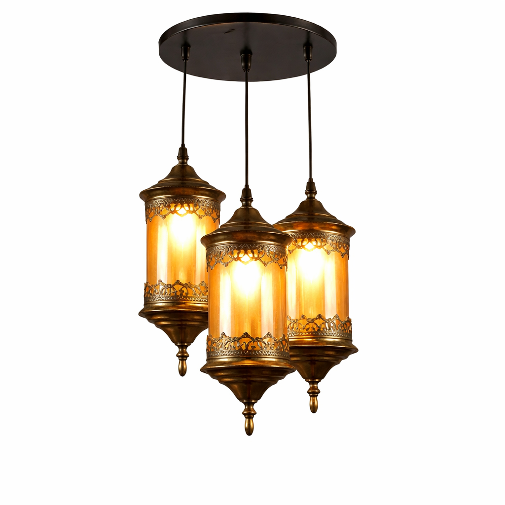 Vintage Moroccan 3-Light Amber Glass Pendant Ceiling Light (Model: HL 501 3LP)